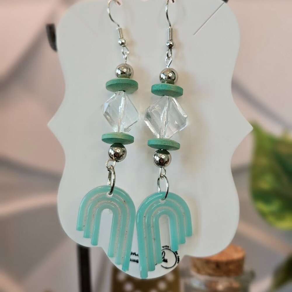 Long Lightweight Blue/Silver Dangle Earrings, Resin, beads- handcrafted, unique